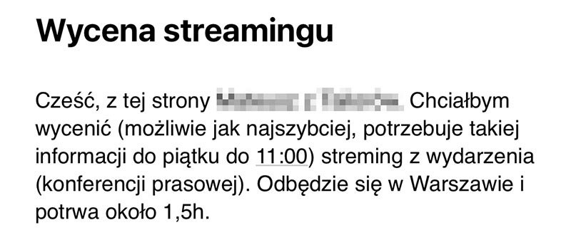 Screenshot maila z prośbą o wycenę transmisji z konferencji